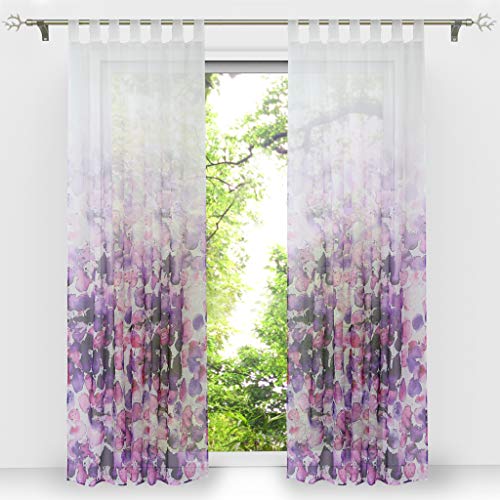 HongYa 1 Stück Voile Farbverlauf Gardine Transparenter Vorhang mit Schlaufen Blumen Druck H/B 145/140 cm von HongYa