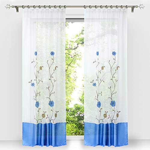 HongYa 1 Stück Voile Gardine Schal mit Kräuselband Transparenter Vorhang Bestickter Fensterschal H/B 175/140 cm Blau von HongYa