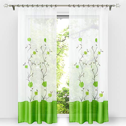 HongYa 1 Stück Voile Gardine Schal mit Kräuselband Transparenter Vorhang Bestickter Fensterschal H/B 225/140 cm Grün von HongYa