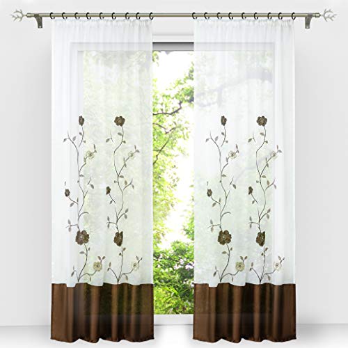 HongYa 1 Stück Voile Gardine Schal mit Kräuselband Transparenter Vorhang Bestickter Fensterschal H/B 245/140 cm Braun von HongYa