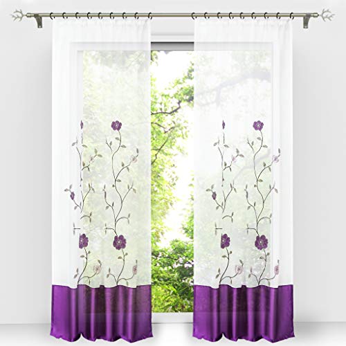 HongYa 1 Stück Voile Gardine Schal mit Kräuselband Transparenter Vorhang Bestickter Fensterschal H/B 245/140 cm Violett von HongYa