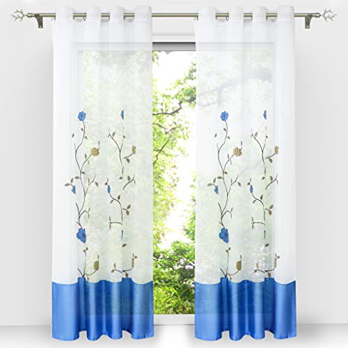HongYa 1 Stück Voile Gardine Schal mit Ösen Transparenter Vorhang Bestickter Ösenschal H/B 145/140 cm Blau von HongYa