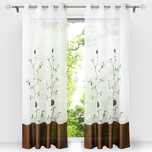 HongYa 1 Stück Voile Gardine Schal mit Ösen Transparenter Vorhang Bestickter Ösenschal H/B 225/140 cm Braun von HongYa