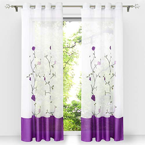 HongYa 1 Stück Voile Gardine Schal mit Ösen Transparenter Vorhang Bestickter Ösenschal H/B 225/140 cm Violett von HongYa