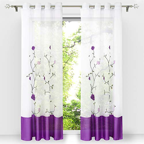 HongYa 1 Stück Voile Gardine Schal mit Ösen Transparenter Vorhang Bestickter Ösenschal H/B 245/140 cm Violett von HongYa