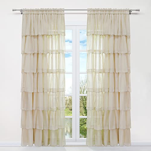 HongYa 1 Stück Voile Gardine Schal mit Rüschen Halbtransparenter Vorhang Tunnelzug Einfarbiger Fensterschal H/B 220/140 cm Sand von HongYa