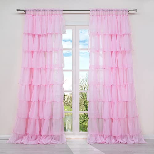 HongYa 1 Stück Voile Gardine Schal mit Rüschen Halbtransparenter Vorhang Tunnelzug Einfarbiger Fensterschal H/B 245/140 cm Rosa von HongYa