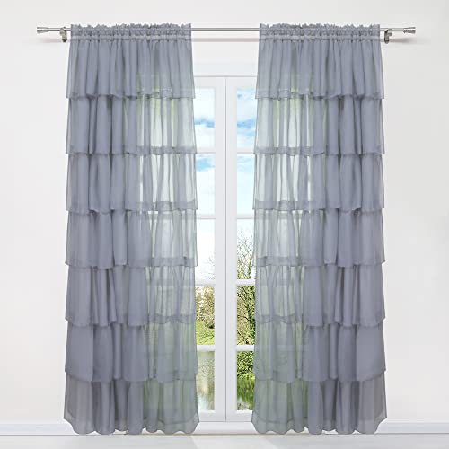 HongYa 1 Stück Voile Gardine Schal mit Rüschen Halbtransparenter Vorhang Tunnelzug Einfarbiger Fensterschal H/B 260/140 cm Grau von HongYa