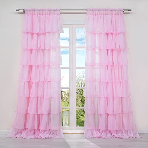 HongYa 1 Stück Voile Gardine Schal mit Rüschen Halbtransparenter Vorhang Tunnelzug Einfarbiger Fensterschal H/B 260/140 cm Rosa von HongYa
