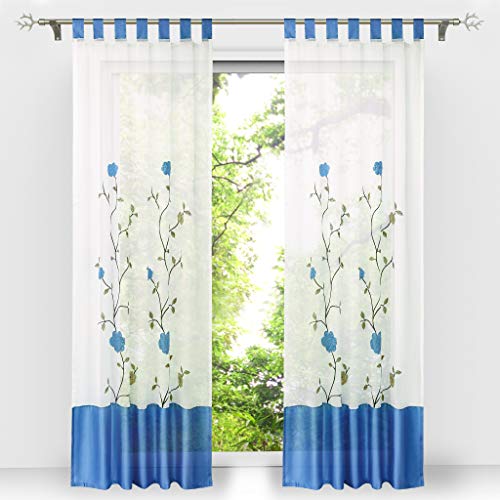 HongYa 1 Stück Voile Gardine Schal mit Schlaufen Transparenter Vorhang Bestickter Schlaufenschal H/B 145/140 cm Blau von HongYa