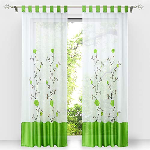 HongYa 1 Stück Voile Gardine Schal mit Schlaufen Transparenter Vorhang Bestickter Schlaufenschal H/B 175/140 cm Grün von HongYa