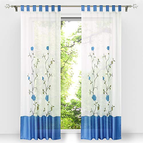 HongYa 1 Stück Voile Gardine Schal mit Schlaufen Transparenter Vorhang Bestickter Schlaufenschal H/B 245/140 cm Blau von HongYa