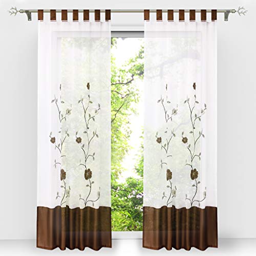 HongYa 1 Stück Voile Gardine Schal mit Schlaufen Transparenter Vorhang Bestickter Schlaufenschal H/B 245/140 cm Braun von HongYa