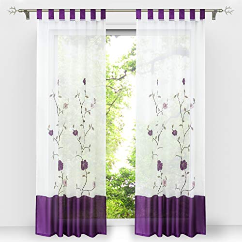 HongYa 1 Stück Voile Gardine Schal mit Schlaufen Transparenter Vorhang Bestickter Schlaufenschal H/B 245/140 cm Violett von HongYa