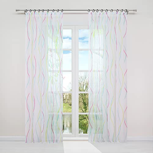 HongYa 1 Stück Voile Gardine Transparenter Vorhang mit Kräuselband Wellen Druck H/B 245/140 cm Bunt Blau von HongYa