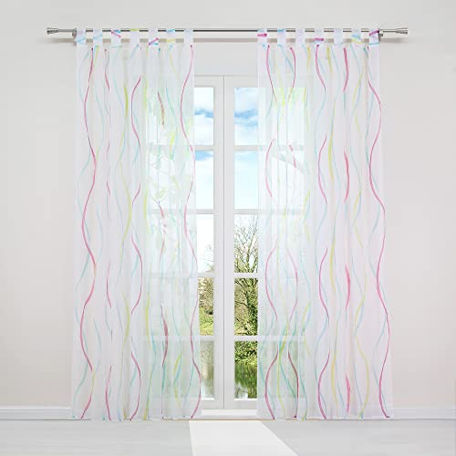 HongYa 1 Stück Voile Gardine Transparenter Vorhang mit Schlaufen Wellen Druck H/B 225/140 cm Bunt Blau von HongYa