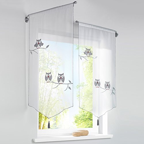 HongYa 1er-Pack Panneaux Eule Muster Bestickter Kurzstore Transparenter Voile Küche Gardine Tunnelzug H/B 120/60 cm von HongYa