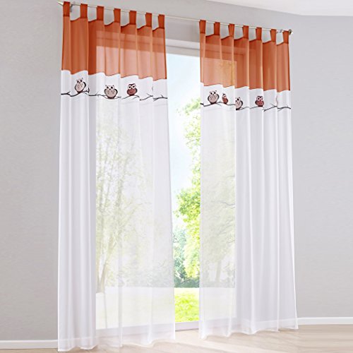 HongYa 1er-Pack Voile Eule Muster Bestickte Gardine Transparenter Vorhang Dekoschal H/B 145/140 cm Terra mit Schlaufen von HongYa