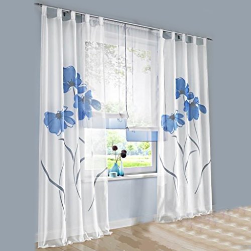 HongYa 1er-Pack Voile Gardine Transparenter Vorhang Schlaufenschal mit Florales Muster H/B 145/150 cm Blau von HongYa
