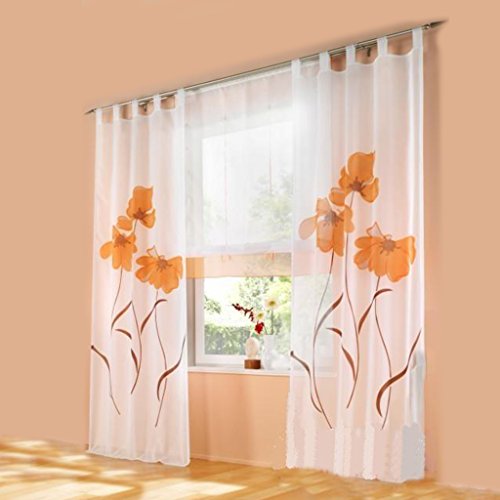 HongYa 1er-Pack Voile Gardine Transparenter Vorhang Schlaufenschal mit Florales Muster H/B 145/150 cm Orange von HongYa