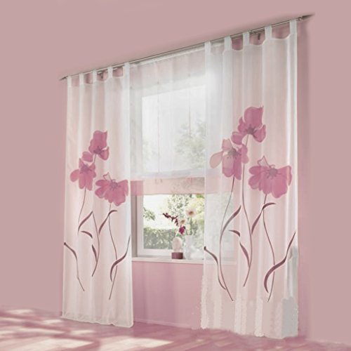 HongYa 1er-Pack Voile Gardine Transparenter Vorhang Schlaufenschal mit Florales Muster H/B 145/150 cm Rosa von HongYa