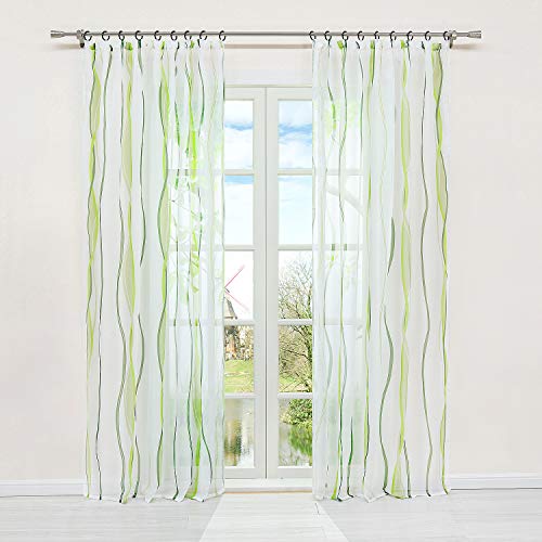 HongYa 1er-Pack Voile Gardine Transparenter Vorhang mit Kräuselband Wellen Druck H/B 145/140 cm Creme Grün von HongYa