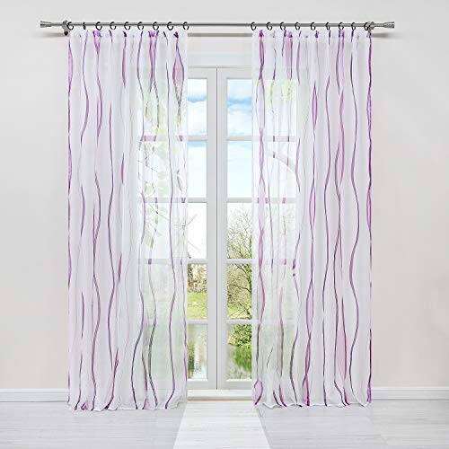 HongYa 1er-Pack Voile Gardine Transparenter Vorhang mit Kräuselband Wellen Druck H/B 145/140 cm Weiß Beere von HongYa