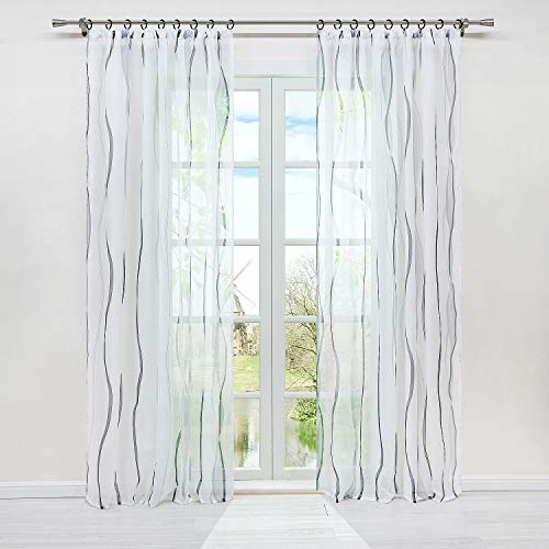 HongYa 1er-Pack Voile Gardine Transparenter Vorhang mit Kräuselband Wellen Druck H/B 145/140 cm Weiß Silber von HongYa