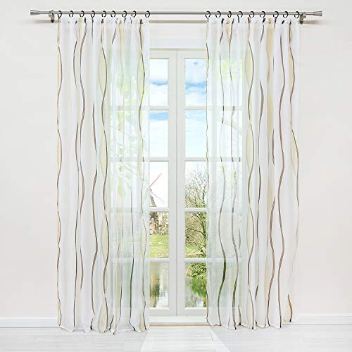 HongYa 1er-Pack Voile Gardine Transparenter Vorhang mit Kräuselband Wellen Druck H/B 175/140 cm Creme Braun von HongYa