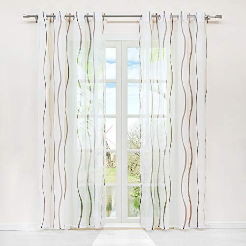 HongYa 1er-Pack Voile Gardine Transparenter Vorhang mit Ösen Wellen Druck H/B 145/140 cm Creme Braun von HongYa