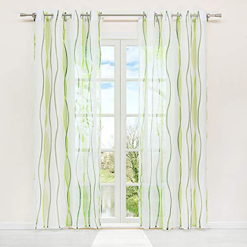 HongYa 1er-Pack Voile Gardine Transparenter Vorhang mit Ösen Wellen Druck H/B 145/140 cm Creme Grün von HongYa