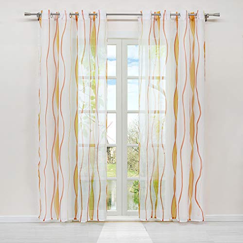 HongYa 1er-Pack Voile Gardine Transparenter Vorhang mit Ösen Wellen Druck H/B 145/140 cm Creme Terra von HongYa