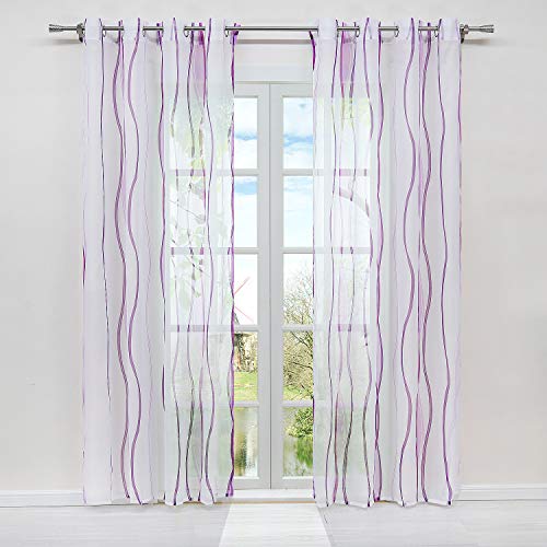 HongYa 1er-Pack Voile Gardine Transparenter Vorhang mit Ösen Wellen Druck H/B 145/140 cm Weiß Beere von HongYa