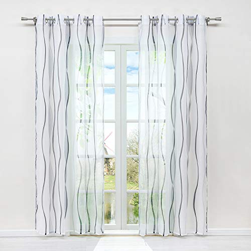 HongYa 1er-Pack Voile Gardine Transparenter Vorhang mit Ösen Wellen Druck H/B 225/140 cm Weiß Silber von HongYa