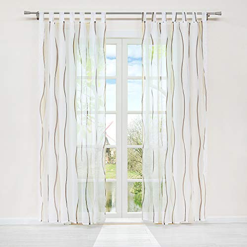 HongYa 1er-Pack Voile Gardine Transparenter Vorhang mit Schlaufen Wellen Druck H/B 145/140 cm Creme Braun von HongYa