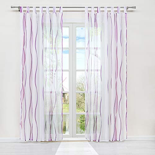 HongYa 1er-Pack Voile Gardine Transparenter Vorhang mit Schlaufen Wellen Druck H/B 145/140 cm Weiß Beere von HongYa