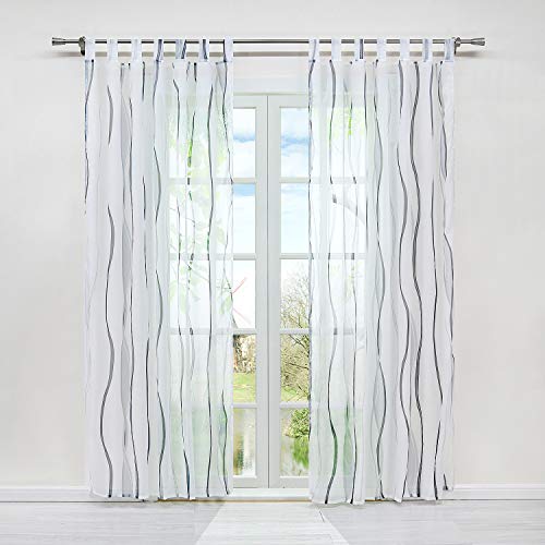 HongYa 1er-Pack Voile Gardine Transparenter Vorhang mit Schlaufen Wellen Druck H/B 145/140 cm Weiß Silber von HongYa