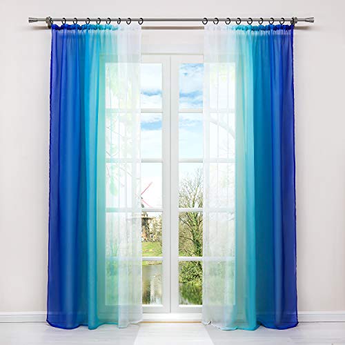 HongYa 2er-Pack Farbverlauf Gardinen Transparenter Voile Vorhänge Schals mit Kräuselband H/B 145/140 cm Blau von HongYa