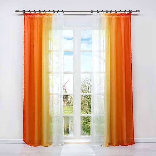 HongYa 2er-Pack Farbverlauf Gardinen Transparenter Voile Vorhänge Schals mit Kräuselband H/B 175/140 cm Orange von HongYa