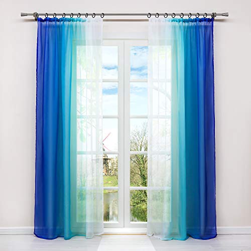 HongYa 2er-Pack Farbverlauf Gardinen Transparenter Voile Vorhänge Schals mit Kräuselband H/B 245/140 cm Blau von HongYa