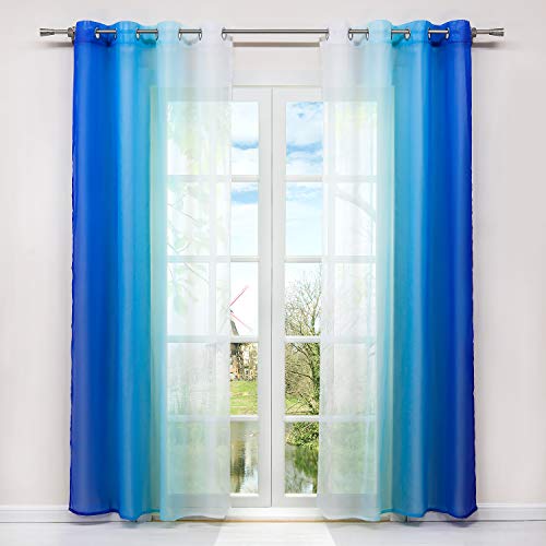 HongYa 2er-Pack Farbverlauf Gardinen Transparenter Voile Vorhänge Schals mit Ösen H/B 145/140 cm Blau von HongYa