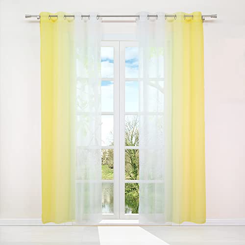 HongYa 2er-Pack Farbverlauf Gardinen Transparenter Voile Vorhänge Schals mit Ösen H/B 145/140 cm Gelb von HongYa