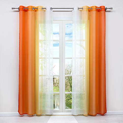 HongYa 2er-Pack Farbverlauf Gardinen Transparenter Voile Vorhänge Schals mit Ösen H/B 145/140 cm Orange von HongYa