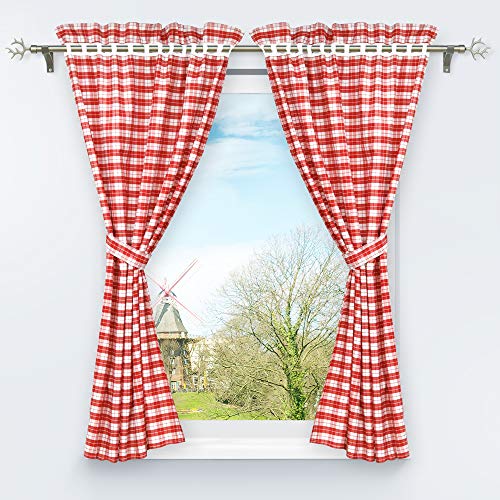 HongYa 4-TLG. Set Karo-Muster Vorhangschals Küche Gardinen Vorhänge mit Raffhalter H/B 120/80 cm Rot von HongYa