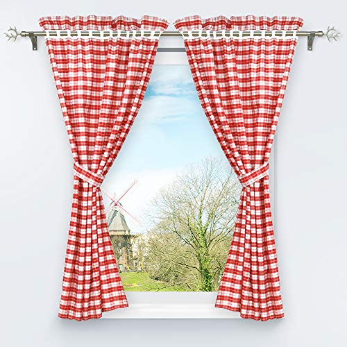 HongYa 4-TLG. Set Karo-Muster Vorhangschals Küche Gardinen Vorhänge mit Raffhalter H/B 145/80 cm Rot von HongYa