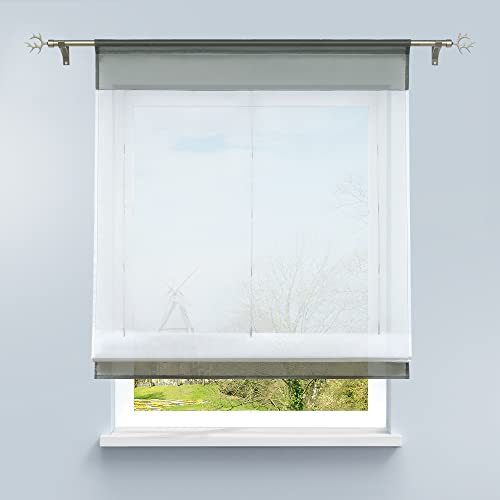 HongYa Bändchenrollo Tunnelzug Raffrollo transparenter Voile Raffgardine Vorhang H/B 120/60 cm Grau von HongYa