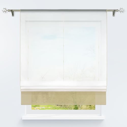 HongYa Bändchenrollo transparenter Voile Raffrollo Tunnelzug Raffgardine Vorhang H/B 155/60 cm Sand von HongYa