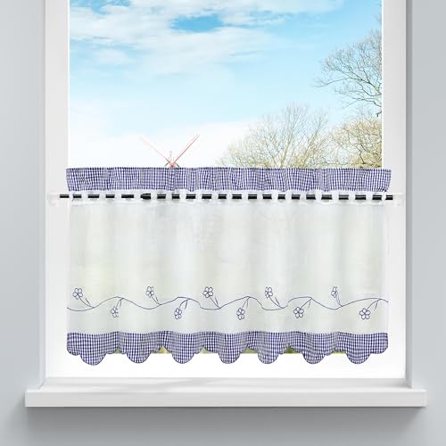 HongYa Bestickte Scheibengardine Halbtransparente Küche Kleinfenster Gardine mit Karo-Muster H/B 30/120cm Blau von HongYa