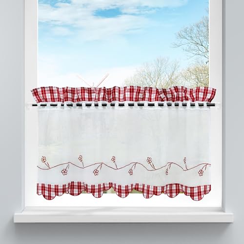 HongYa Bestickte Scheibengardine Halbtransparente Küche Kleinfenster Gardine mit Karo-Muster H/B 30/120cm Rot von HongYa