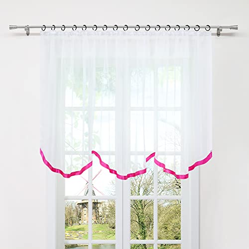 HongYa Gardine Store mit Kräuselband Transparenter Voile Bogenstore Blumenfenster Küche Vorhang mit Satinband H/B 100/300 cm Dunkelrosa von HongYa